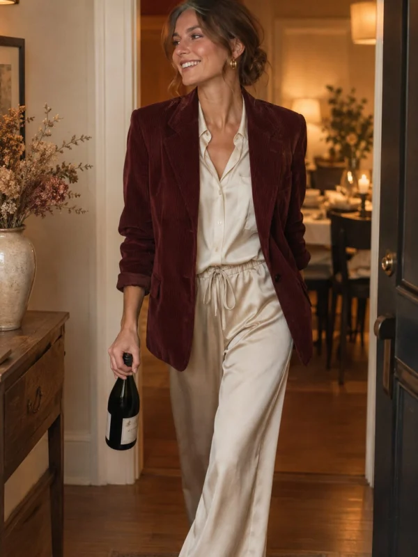 Old money outfit: corduroy blazer + silk blouse + wide-leg trousers