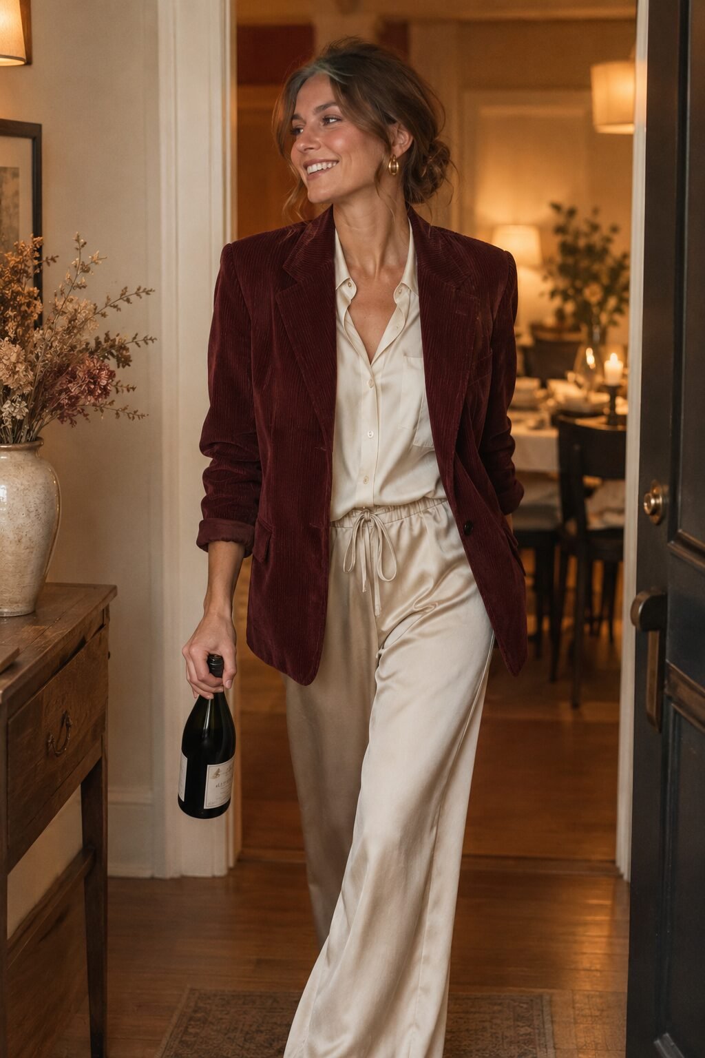 home dinner party date outfit: burgundy corduroy blazer over an off-white silk blouse and champagne wide-leg trousers