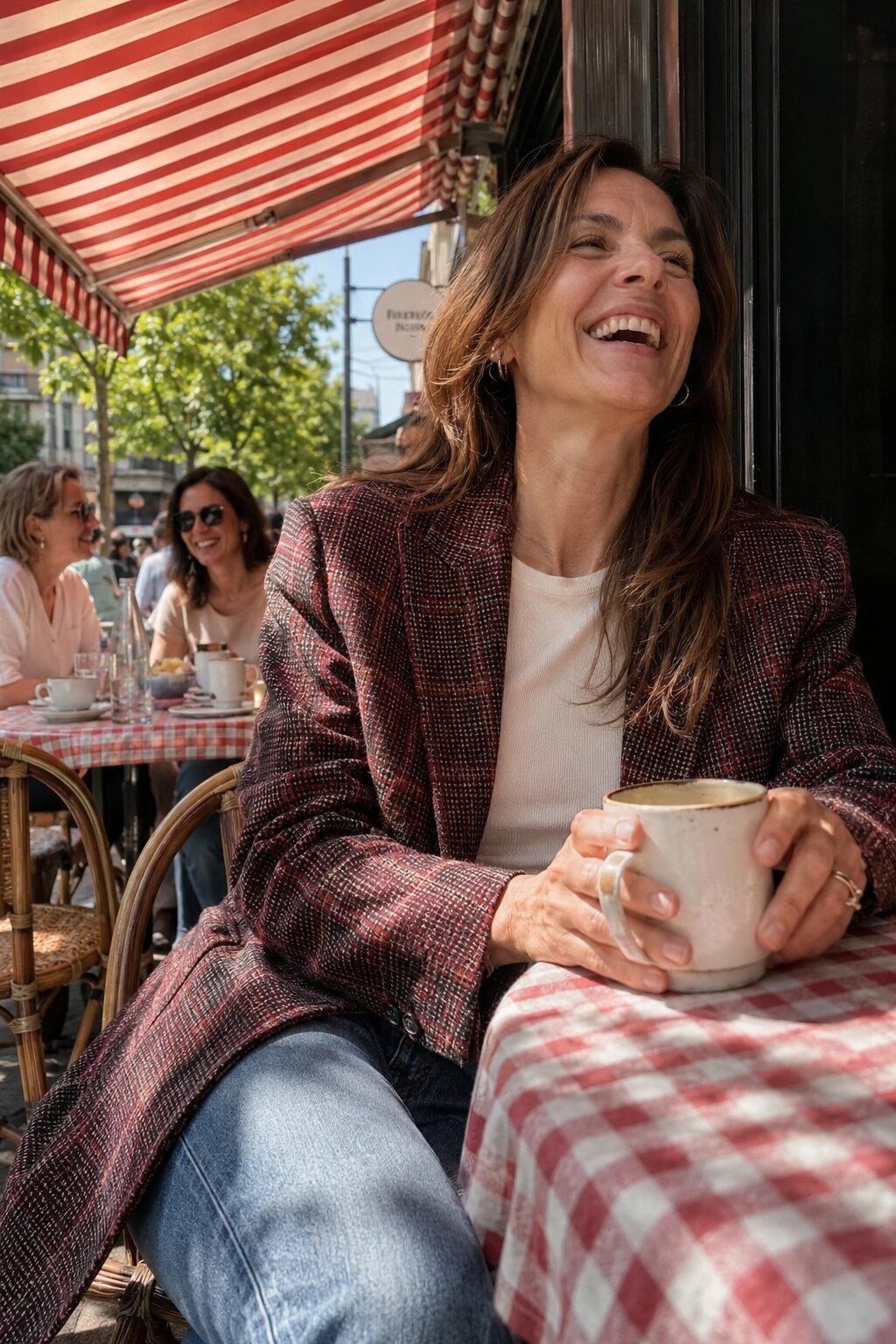 Halloween brunch outfit for women over 40: oversized burgundy plaid blazer over a cream tee and straight-leg jeans