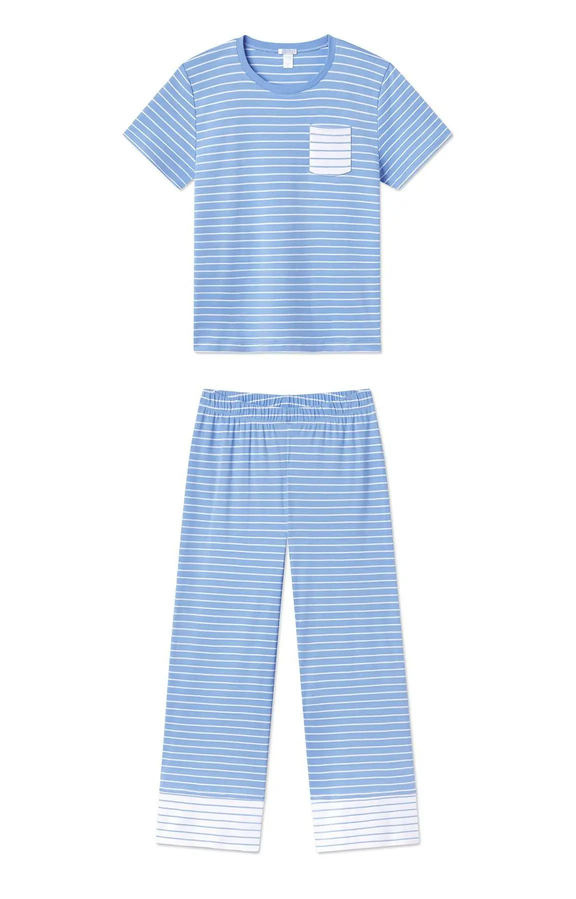 Pima Crew Wide Leg Pajama Set (Mixed Baltic Blue Stripe)