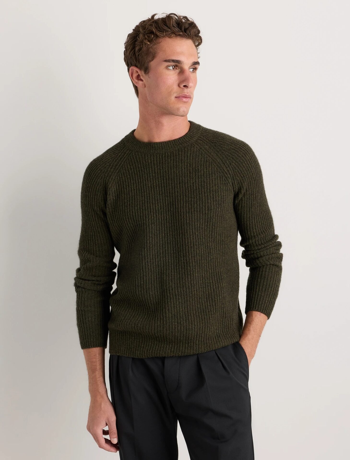 Mongolian Cashmere Fisherman Crewneck Sweater (Olive Twist)
