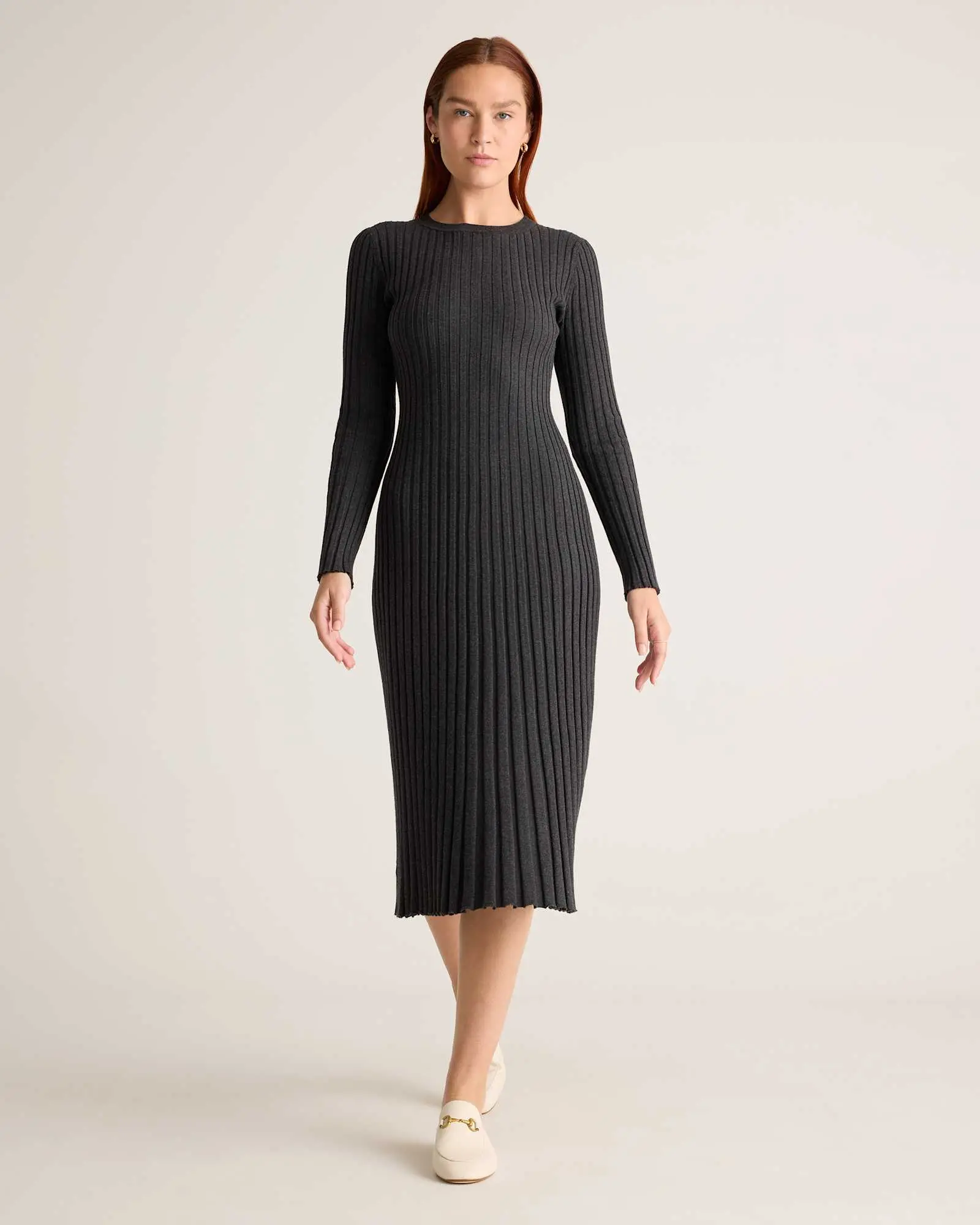 Cotton Cashmere Ribbed Long Sleeve Crew Midi Dress, Heather Charcoal
