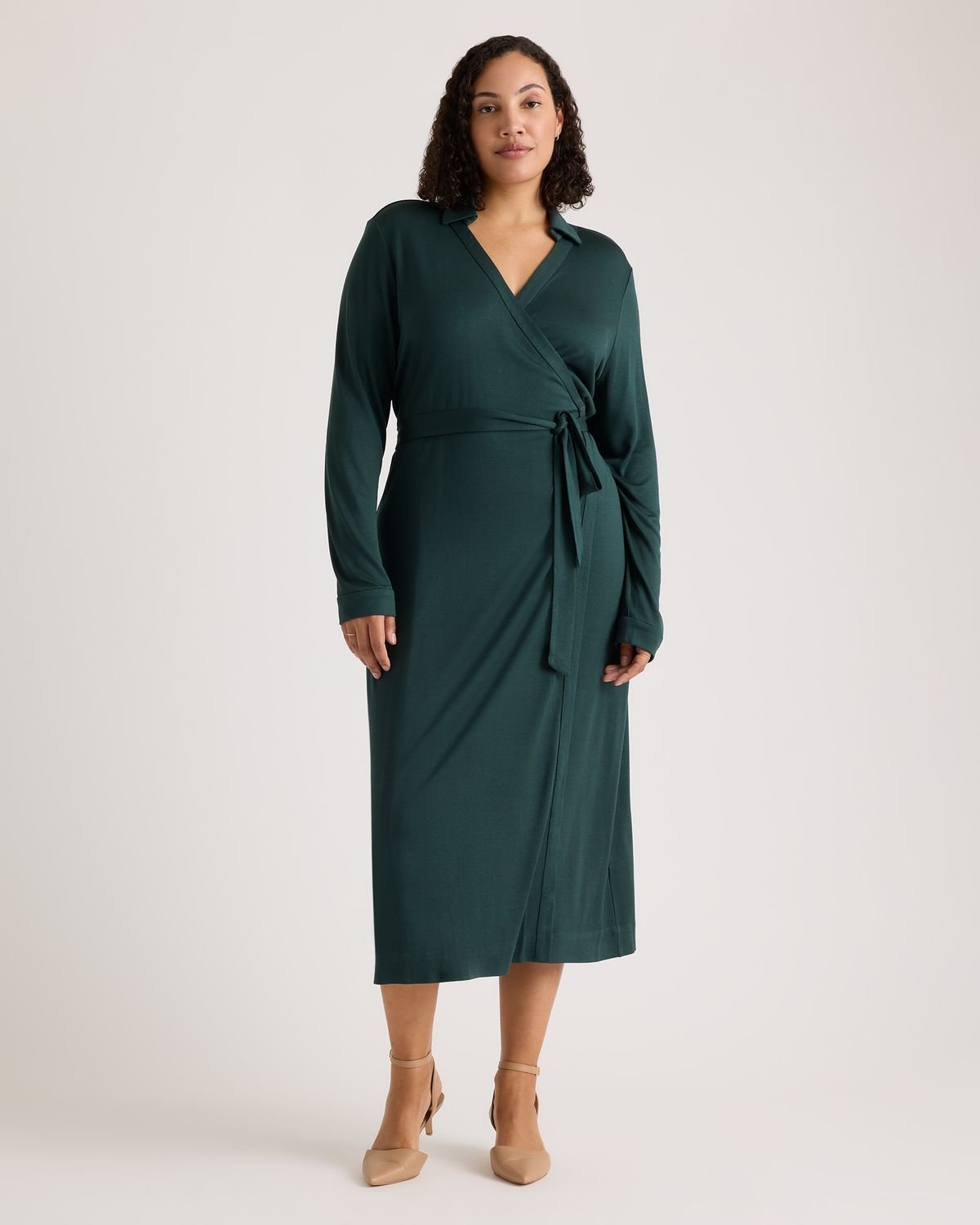 100% Silk Jersey Midi Wrap Dress (Evergreen)