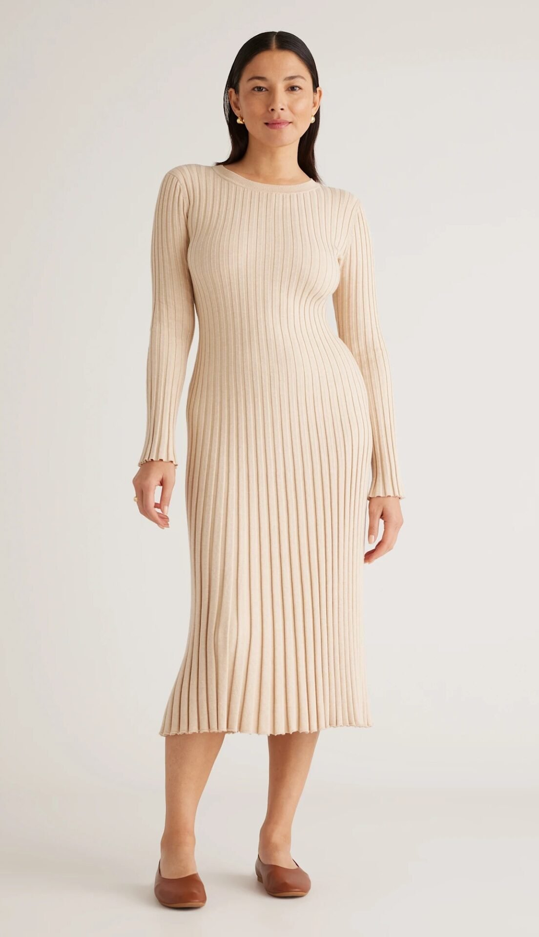 Cotton Cashmere Ribbed Long Sleeve Crew Midi Dress (Heather Oatmeal)