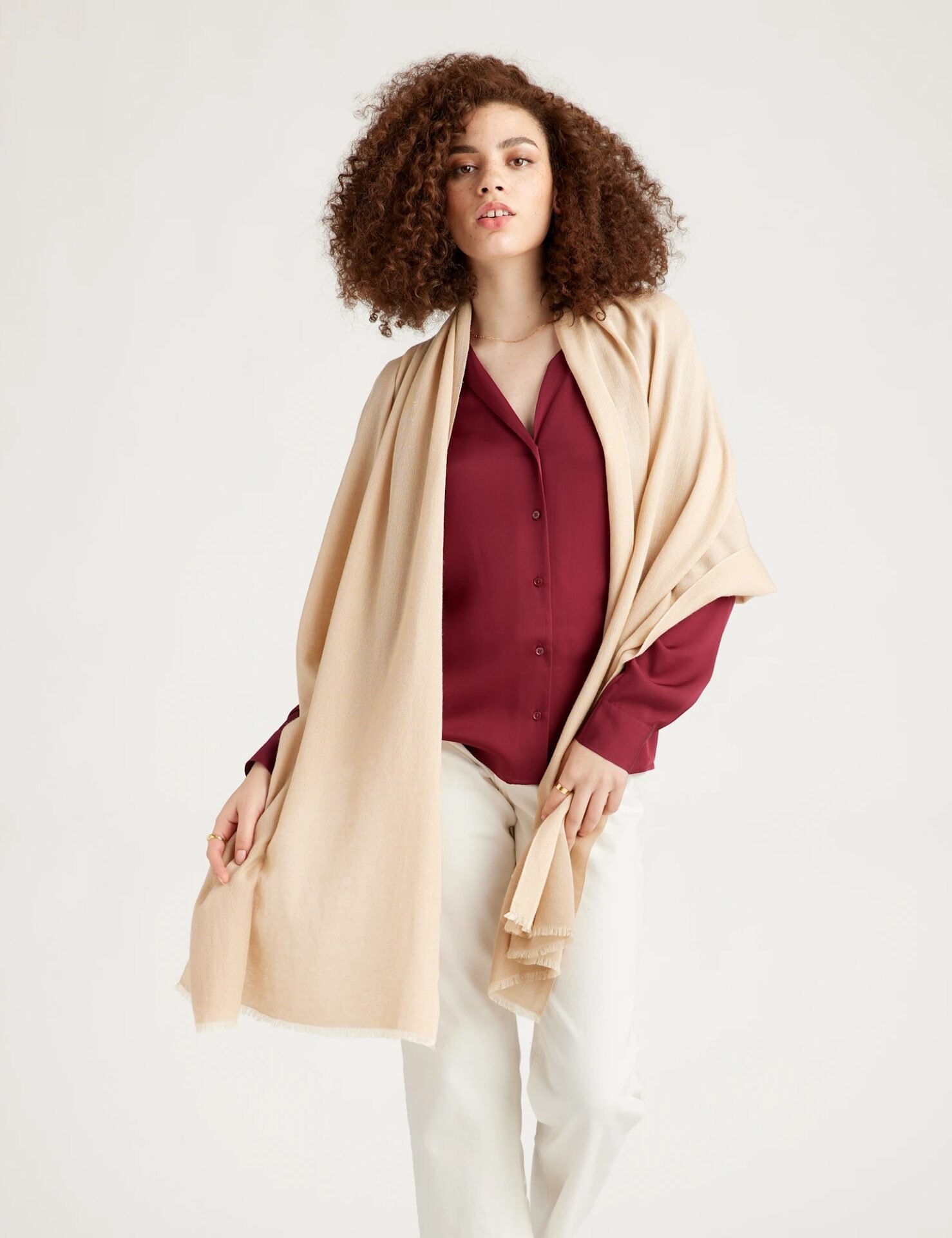 Featherweight Cashmere Silk Frayed Edge Scarf (Beige)
