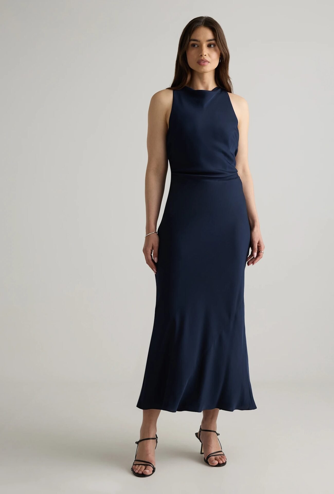 Washable Stretch Silk High Neck Midi Dress (Navy)