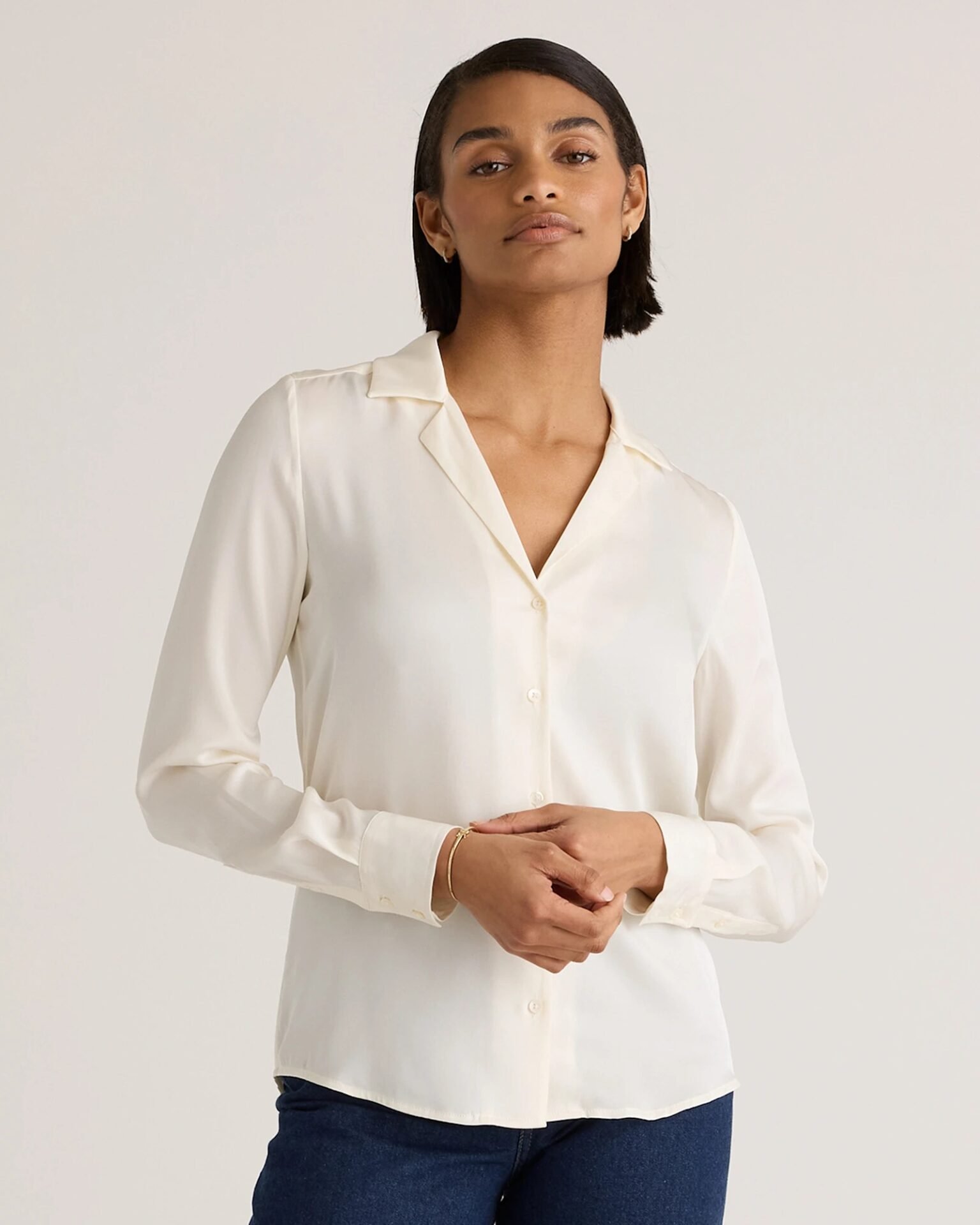 Washable Stretch Silk Notch Collar Blouse (Ivory)