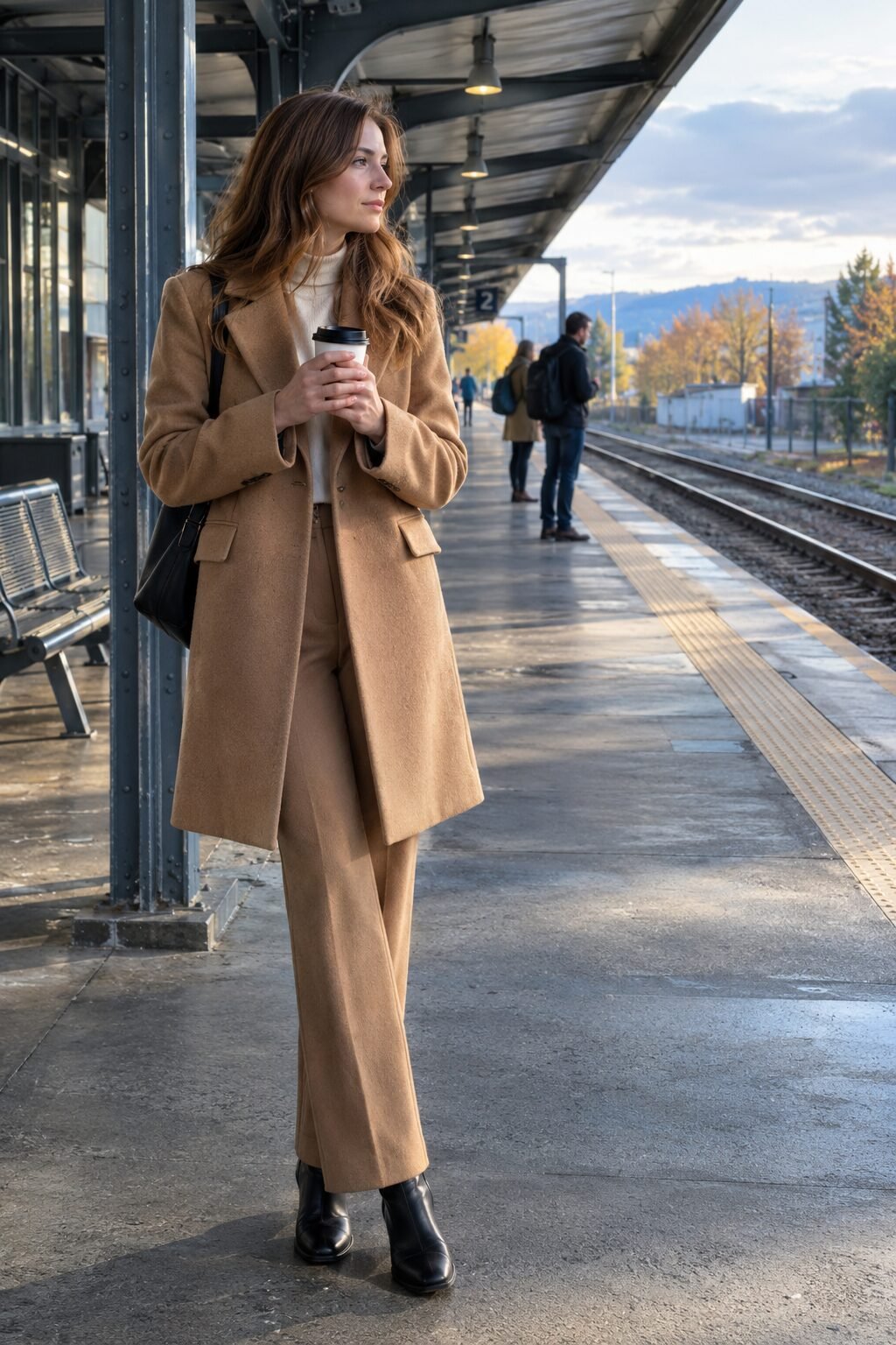 fall outfit with ankle boots: camel wool coat and straight-leg trousers