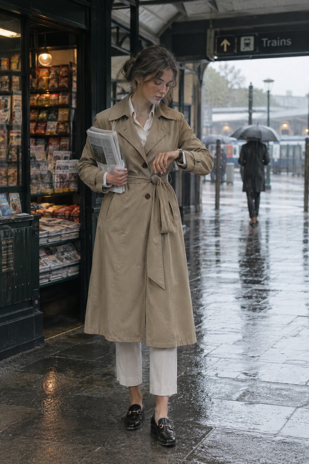 how to style an ivory silk blouse under a khaki trench coat for travel