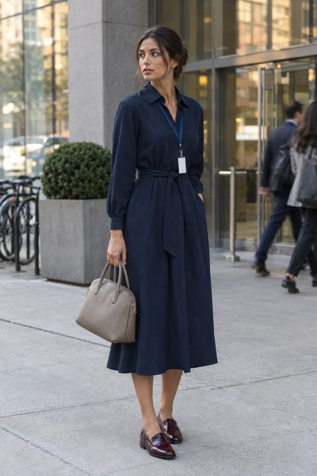 old money dress outfit: navy belted midi shirtdress with burgundy leather loafers and a taupe structured satchel