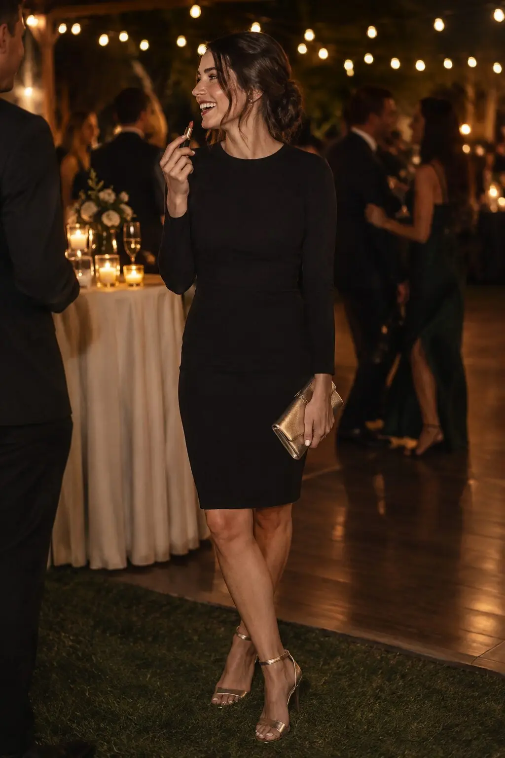 woman wearing a black long-sleeve sheath dress with champagne metallic ankle-strap heels for an evening wedding reception