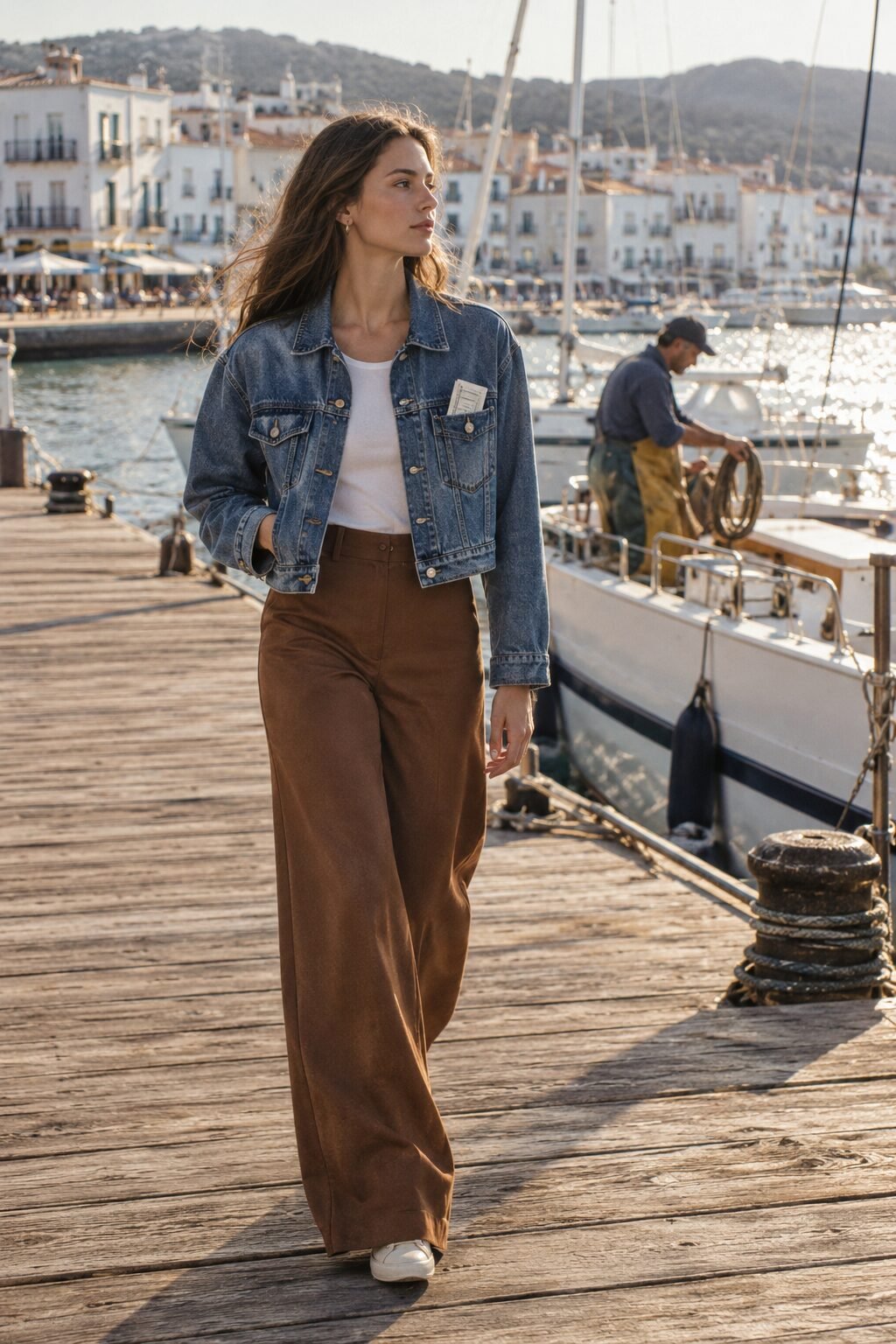 how to style wide-leg trousers with a denim jacket over roasted pecan brown wide-leg trousers
