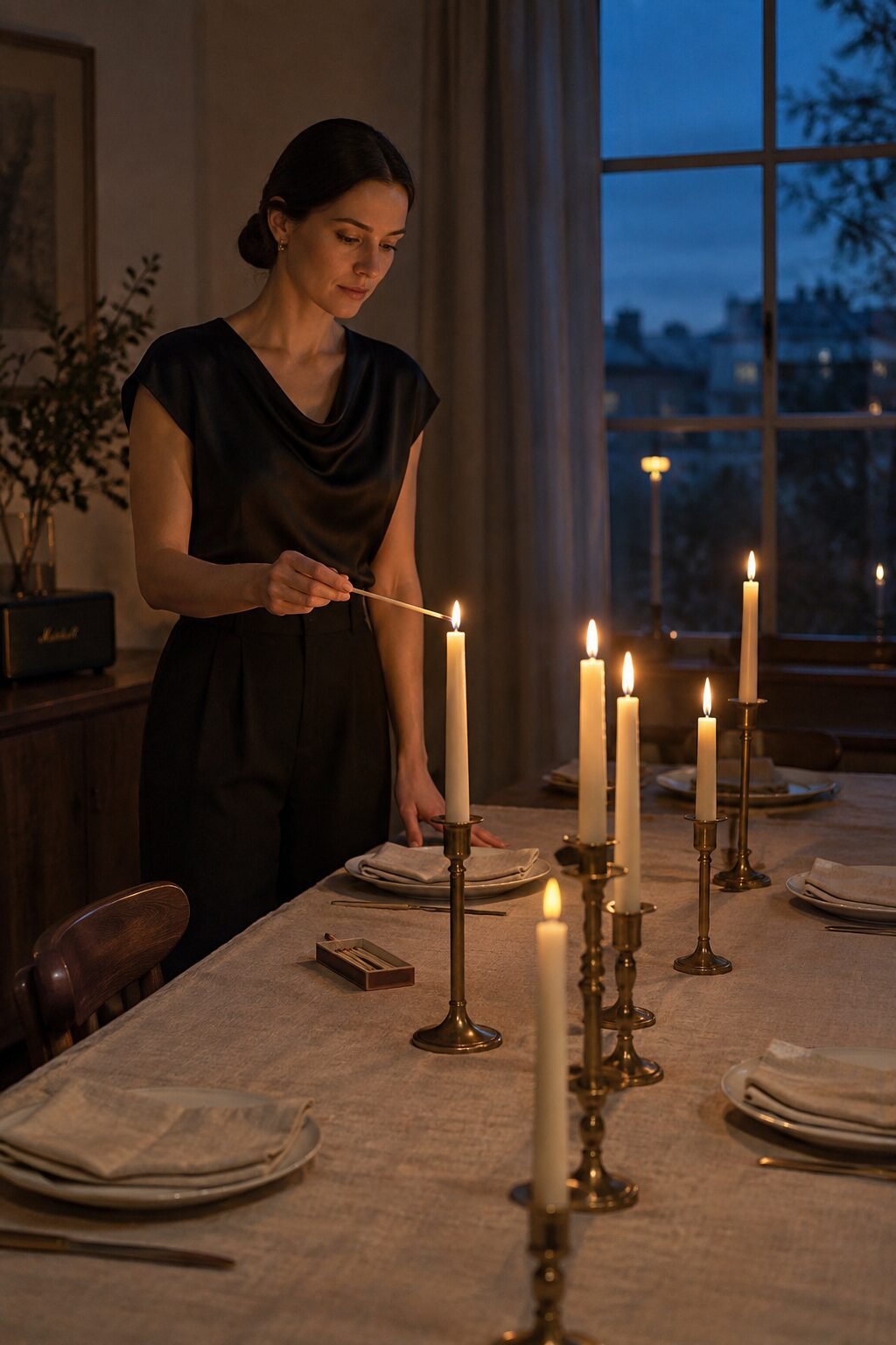 A woman in a black silk blouse lighting taper candles in brass holders on a set dinner table