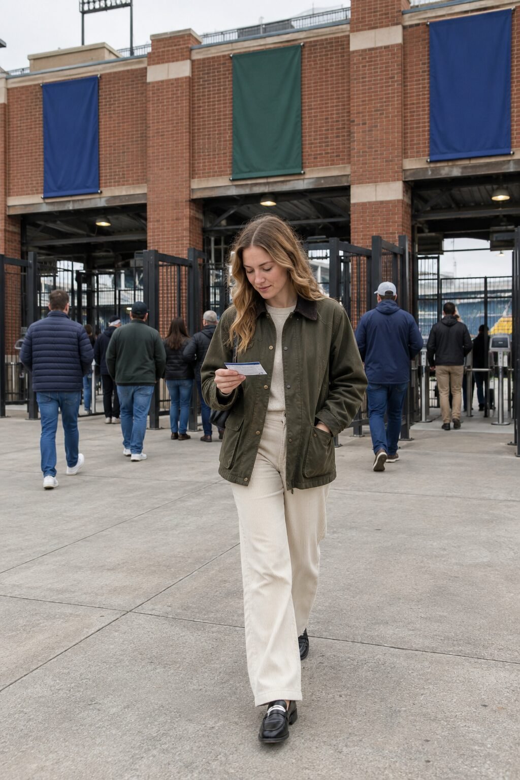 old money fall outfit: olive waxed canvas barn jacket, cream corduroy wide-leg trousers, and black leather loafers
