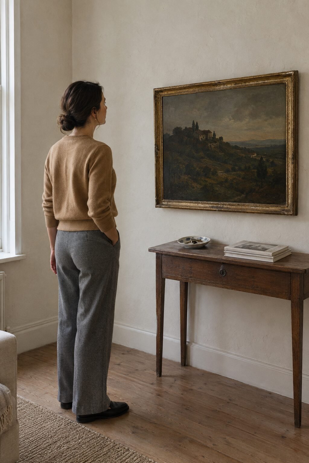 european home decor ideas living room wall with a single landscape oil painting in a gilt frame hung above a wooden console, woman standing looking at it