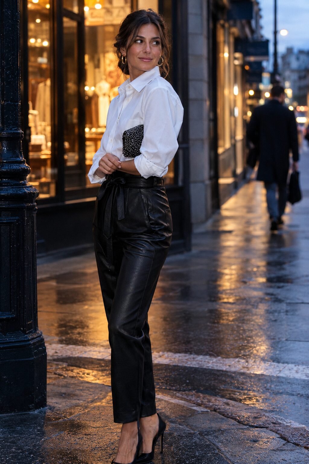 how to style a white button-down: white shirt tucked into black faux leather paperbag pants with gold hoop earrings for a night out