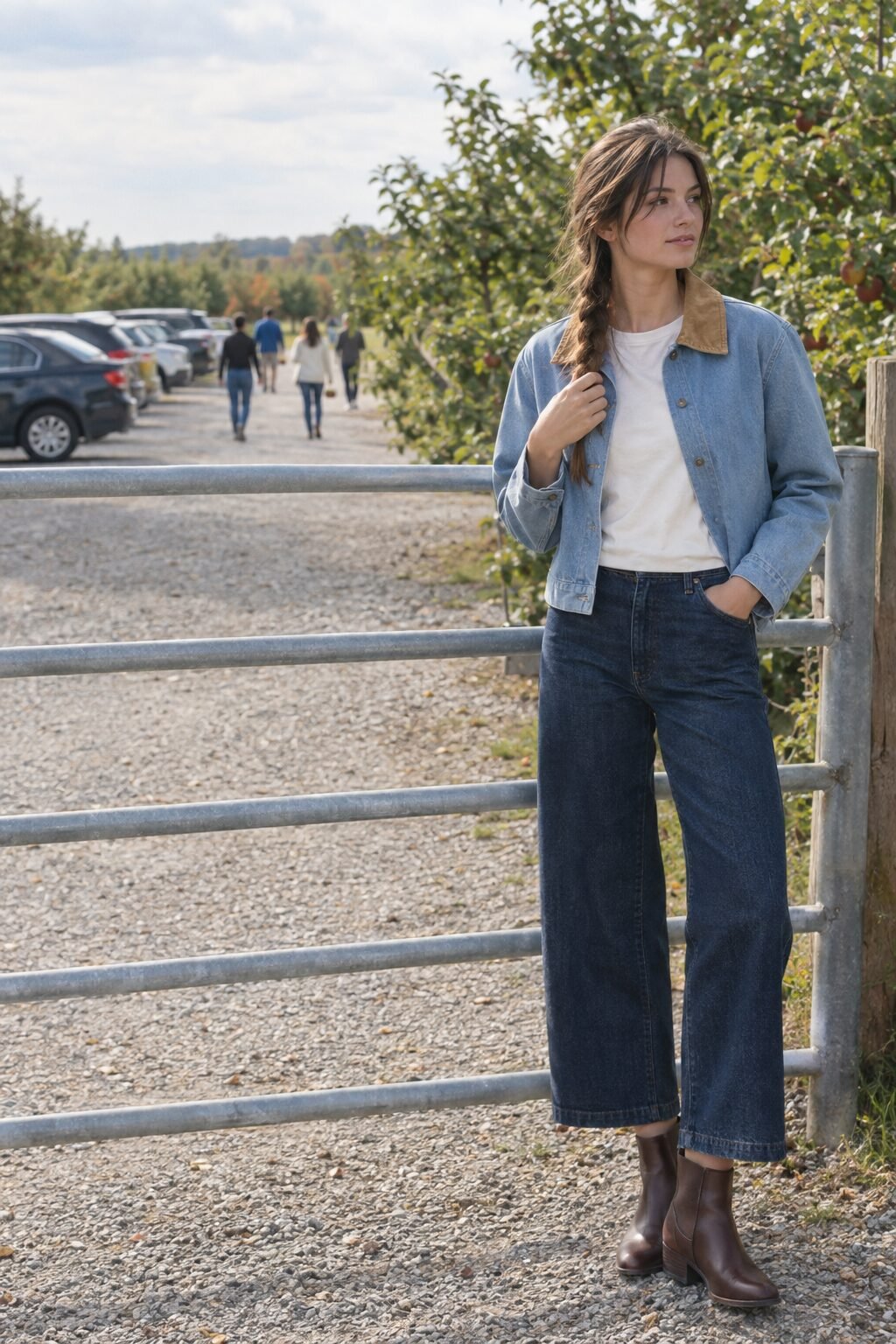 casual apple picking outfit: denim jacket with corduroy collar and dark wide-leg jeans
