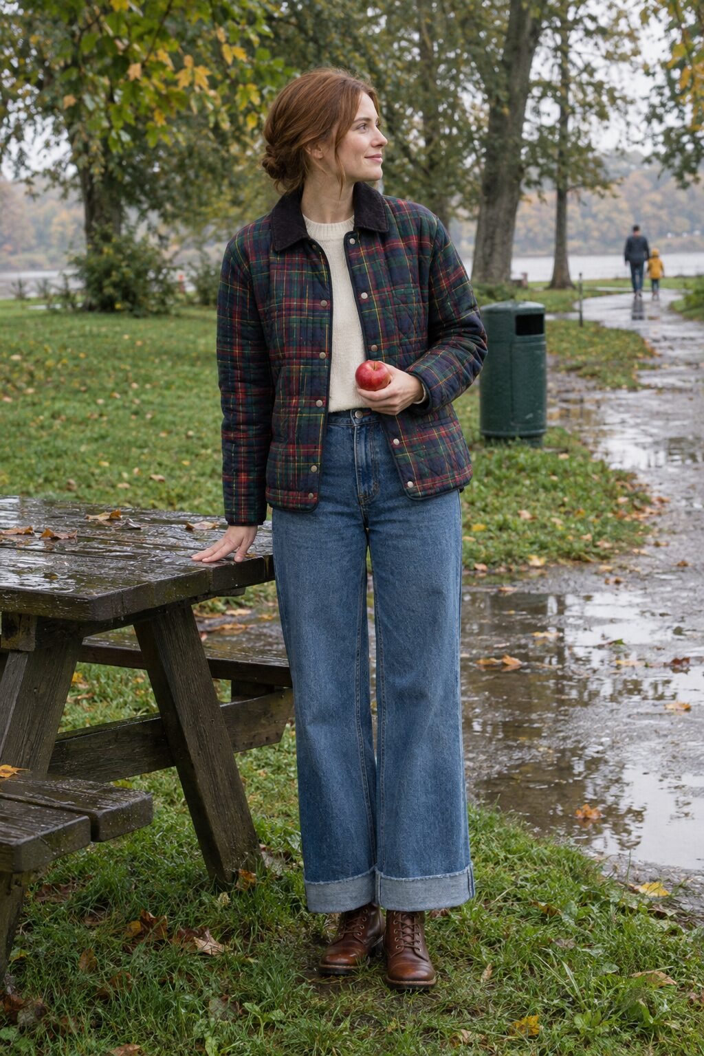 woman in a quilted classic-tartan jacket and cuffed wide-leg medium-wash jeans, family bonfire and s'mores outfit