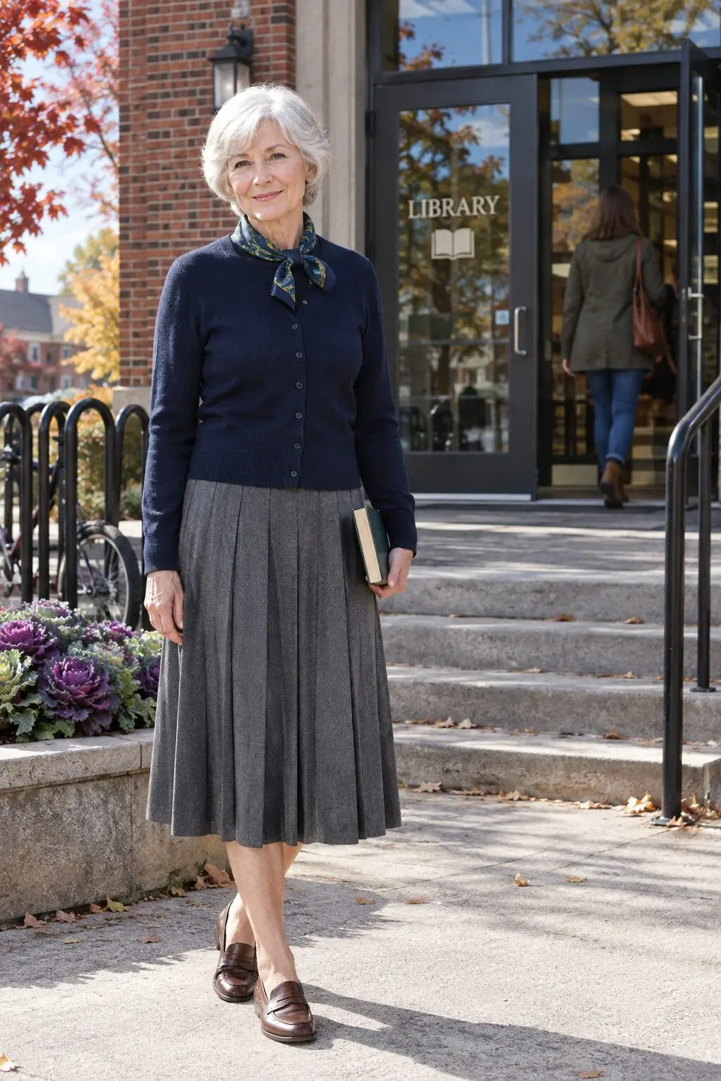 how to style a silk scarf as a soft bow at the neck of a buttoned navy merino cardigan with cocoa penny loafers
