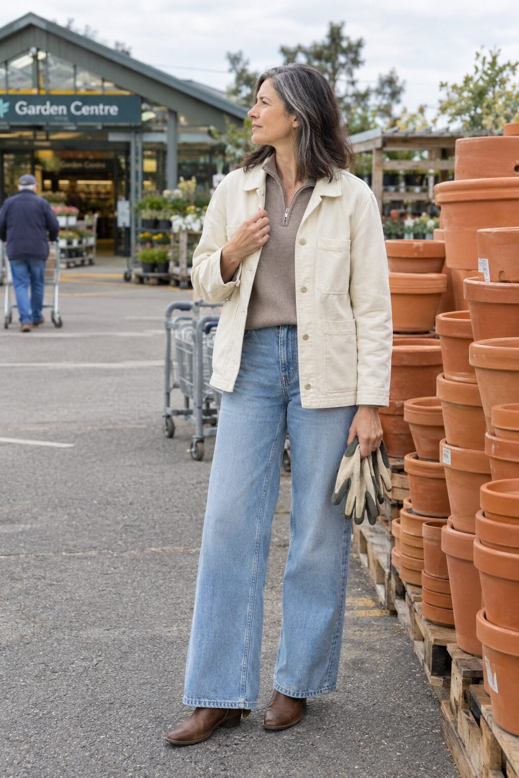 coastal grandmother fall outfit: vanilla chore jacket, taupe merino half-zip sweater and wide-leg jeans