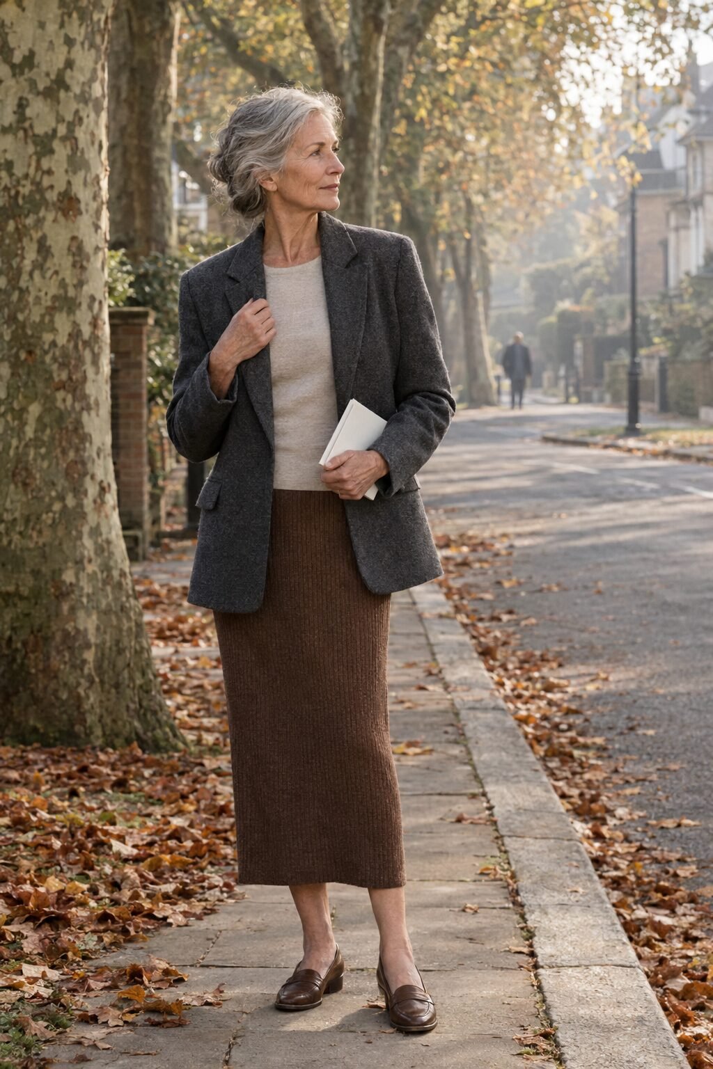 formal Sunday church outfit for women in their 70s: graphite heathered blazer with a teak brown ribbed cashmere midi skirt