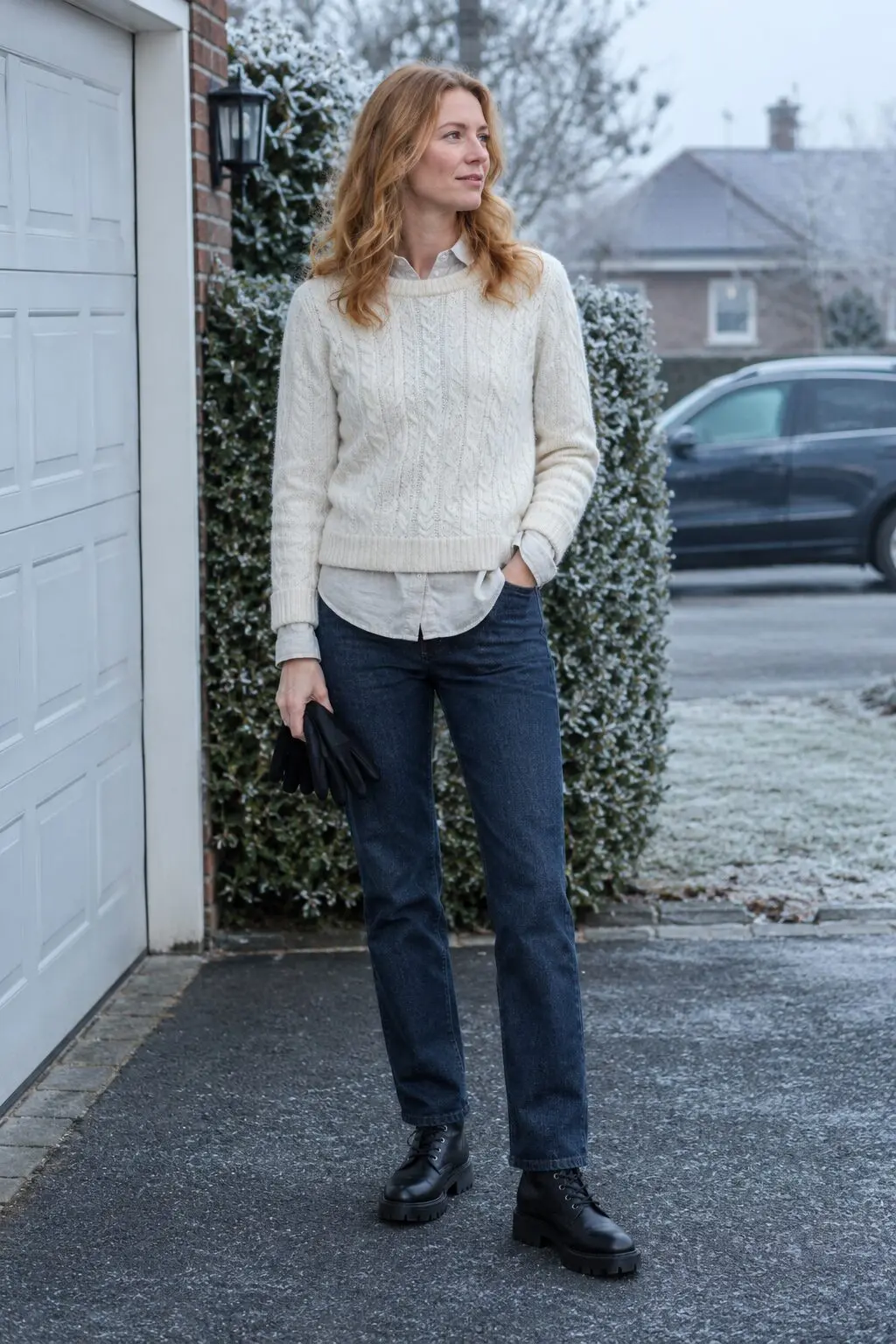how to style a linen shirt hem and collar layered under an ivory cotton cable-knit sweater with dark-indigo jeans and black lace-up boots