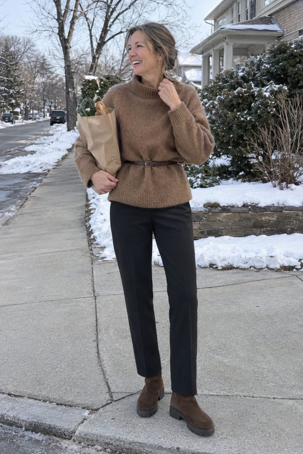 how to style elastic-waist trousers with a teak Mongolian cashmere fisherman crewneck belted at the waist and chocolate brown suede ankle boots