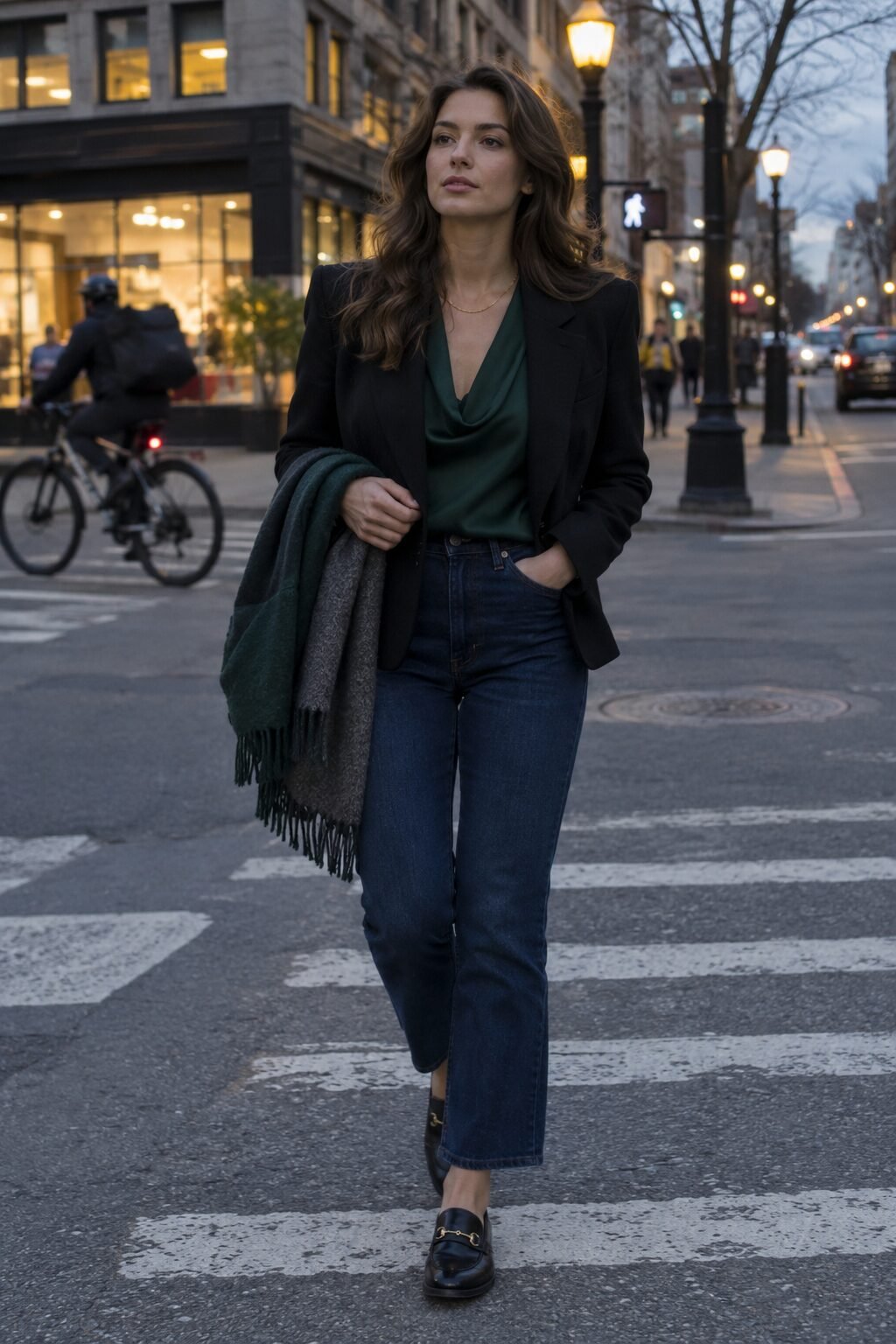 old money dinner outfit: forest green silk blouse, black blazer and dark denim jeans with a simple gold chain