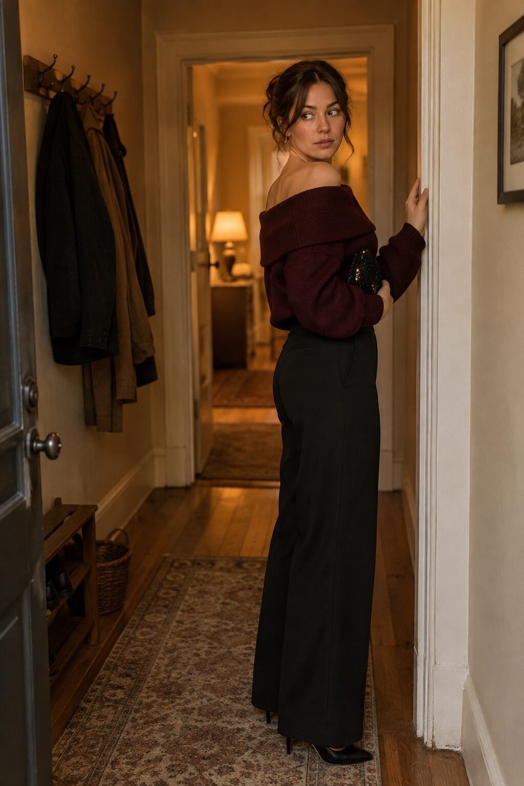 burgundy off-the-shoulder sweater with black wide-leg trousers, an elevated halloween house party outfit under $150