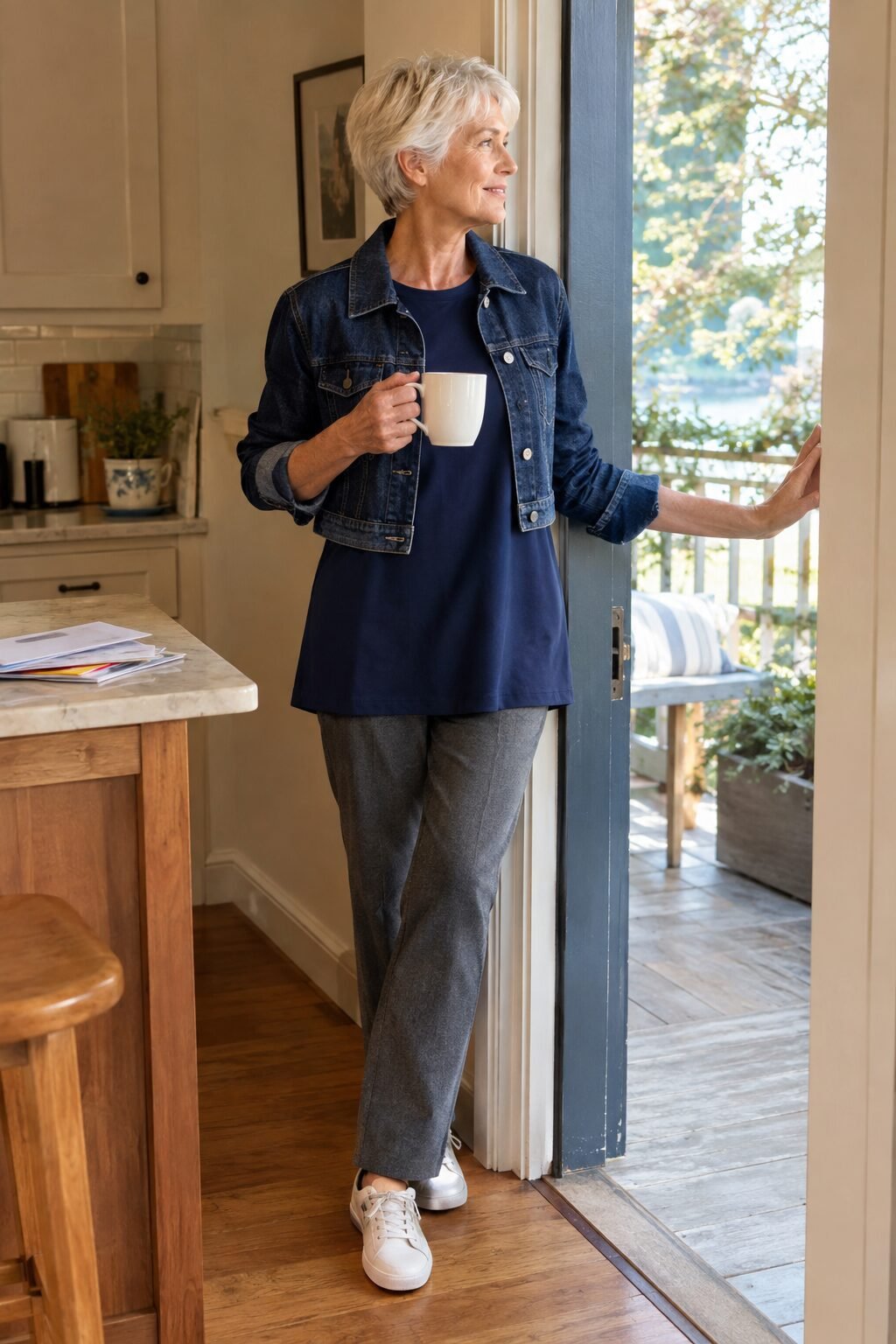 how to style a tunic for women in their 70s: navy crewneck tunic under a cropped denim jacket with white sneakers