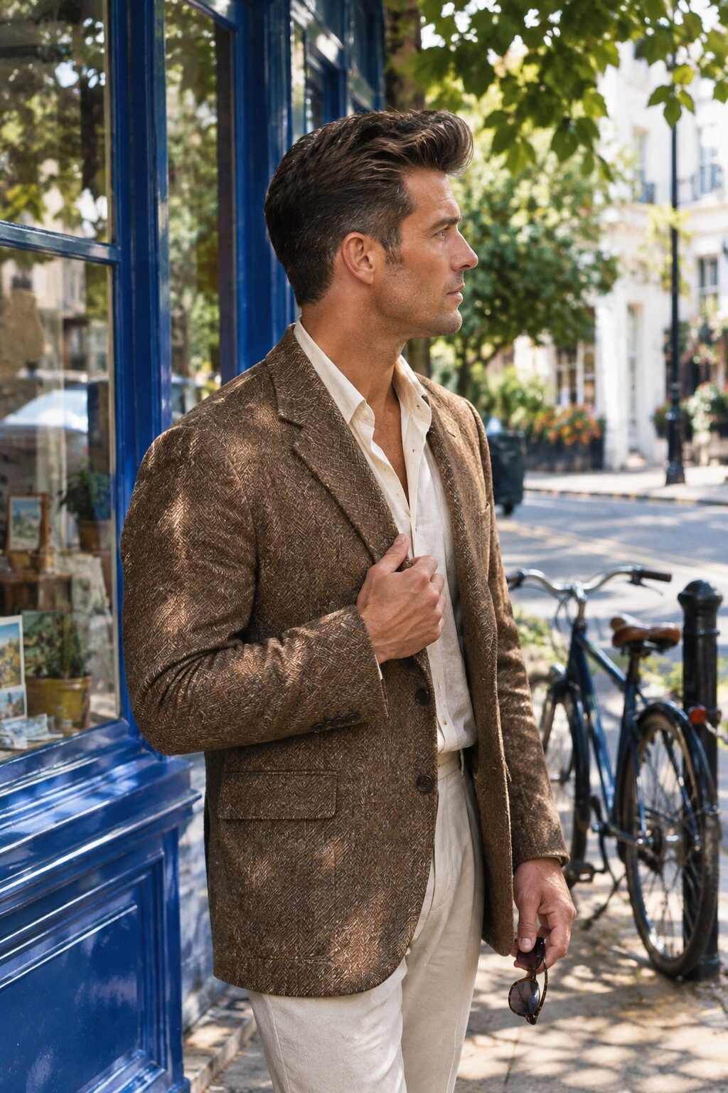 modern pompadour haircut with tapered sides on a man in a tailored jacket