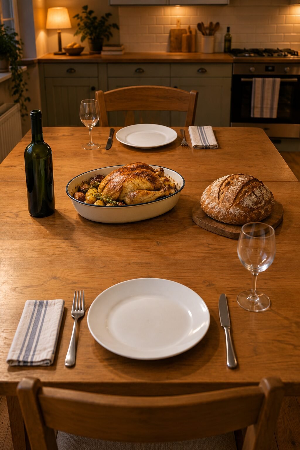 dinner for two table idea with a shared platter, bread board and wine bottle in the open center of the table