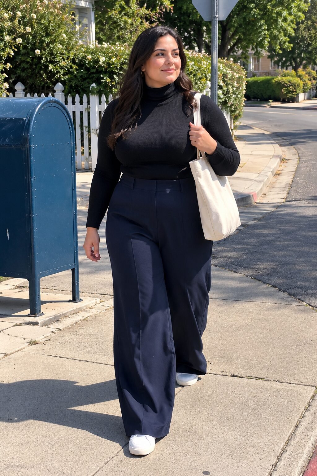 plus size halloween outfit: night sky wide-leg trousers with a black turtleneck