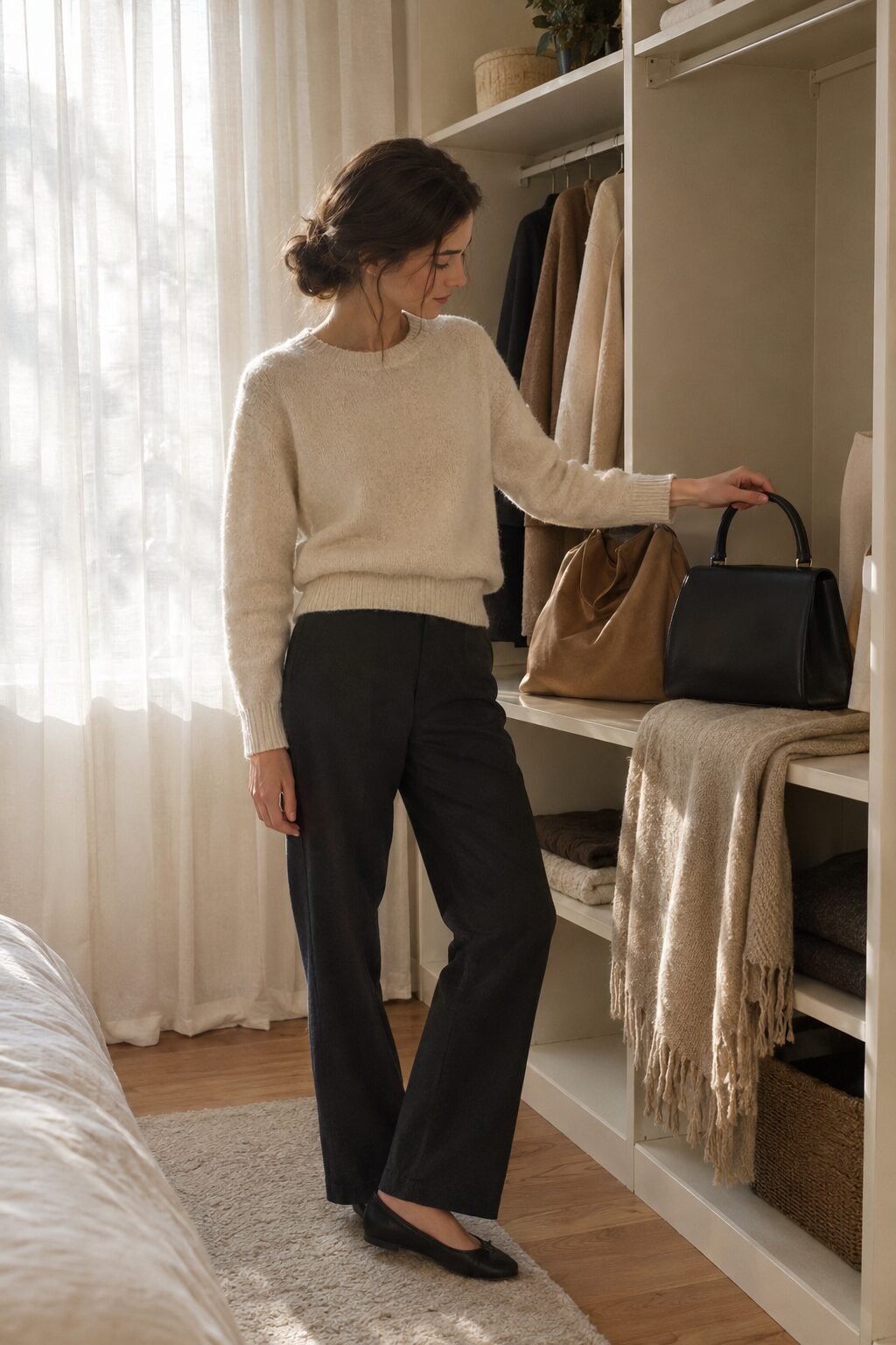woman carrying a structured top-handle bag as a rotation piece alongside an everyday tote
