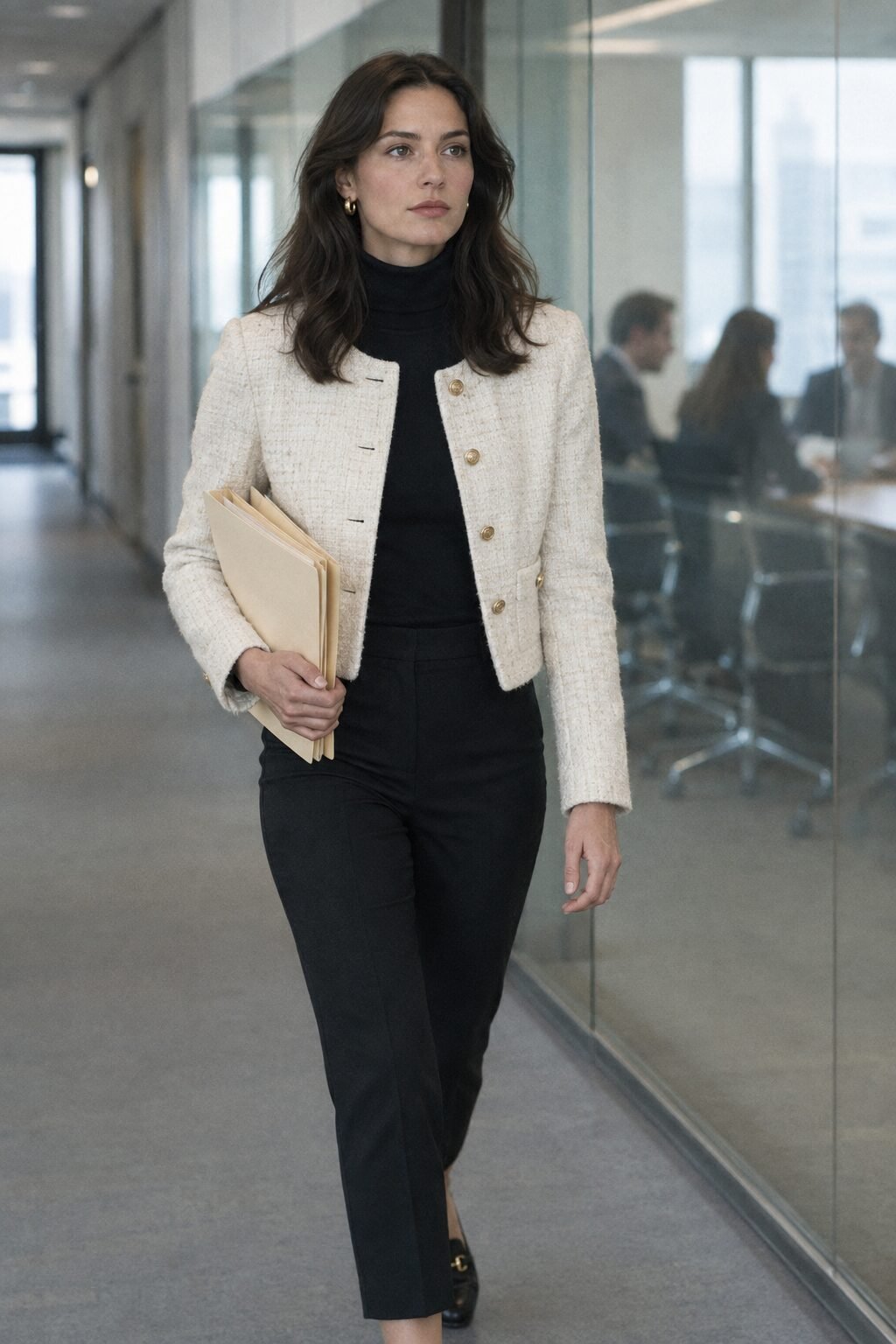 affordable fall work outfit: cropped ivory collarless knit jacket over a black turtleneck with black cropped trousers