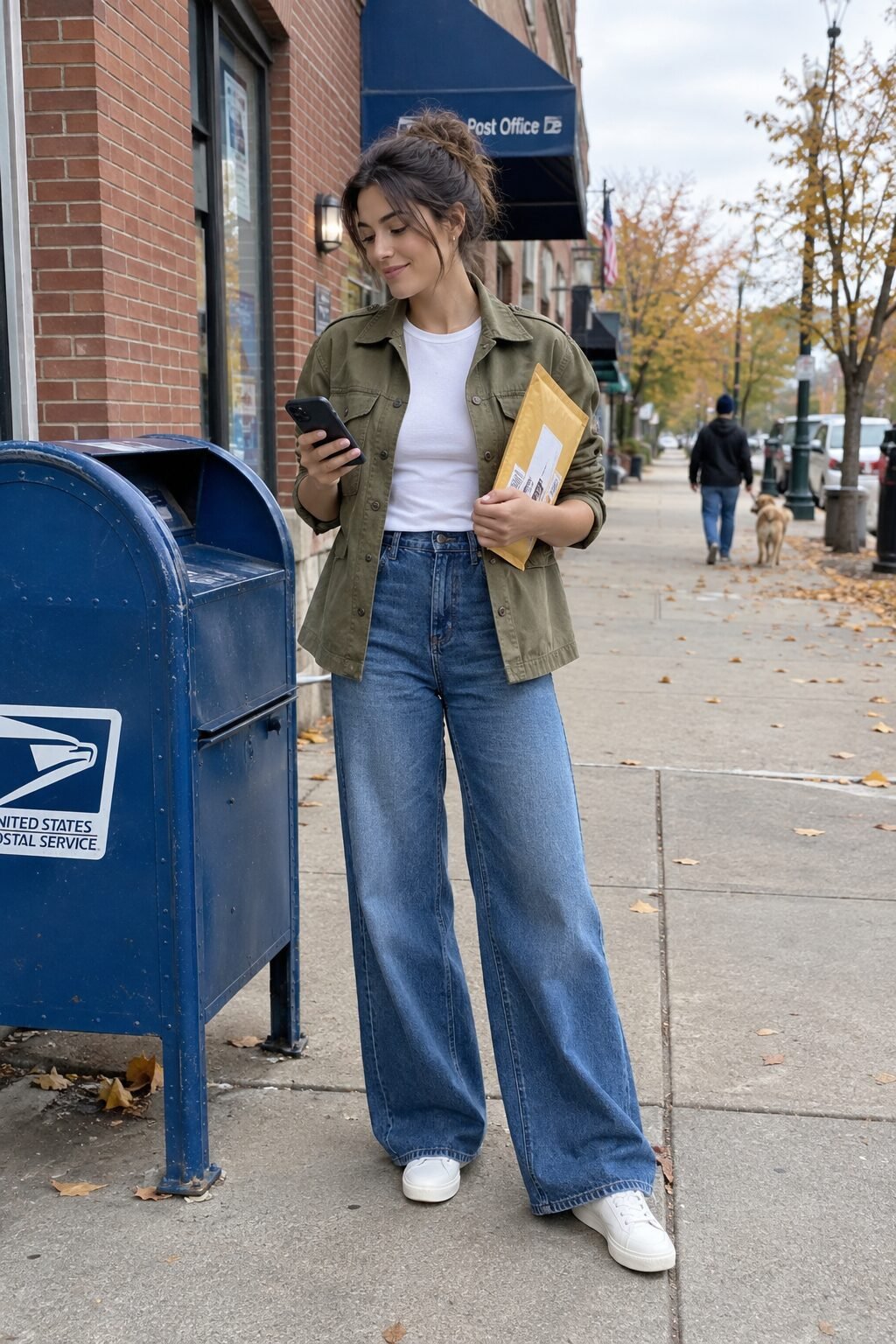 fall layering outfit: utility shirt-jacket over a white tee with wide-leg jeans