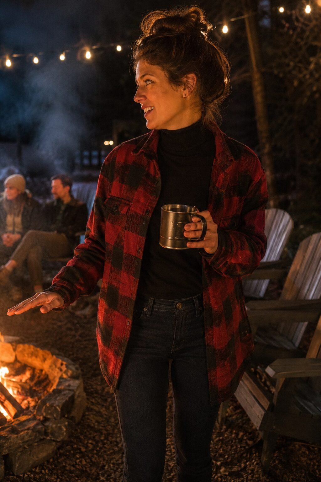 cozy old money halloween outfit: buffalo plaid wool shirt-jacket over black cashmere turtleneck with denim