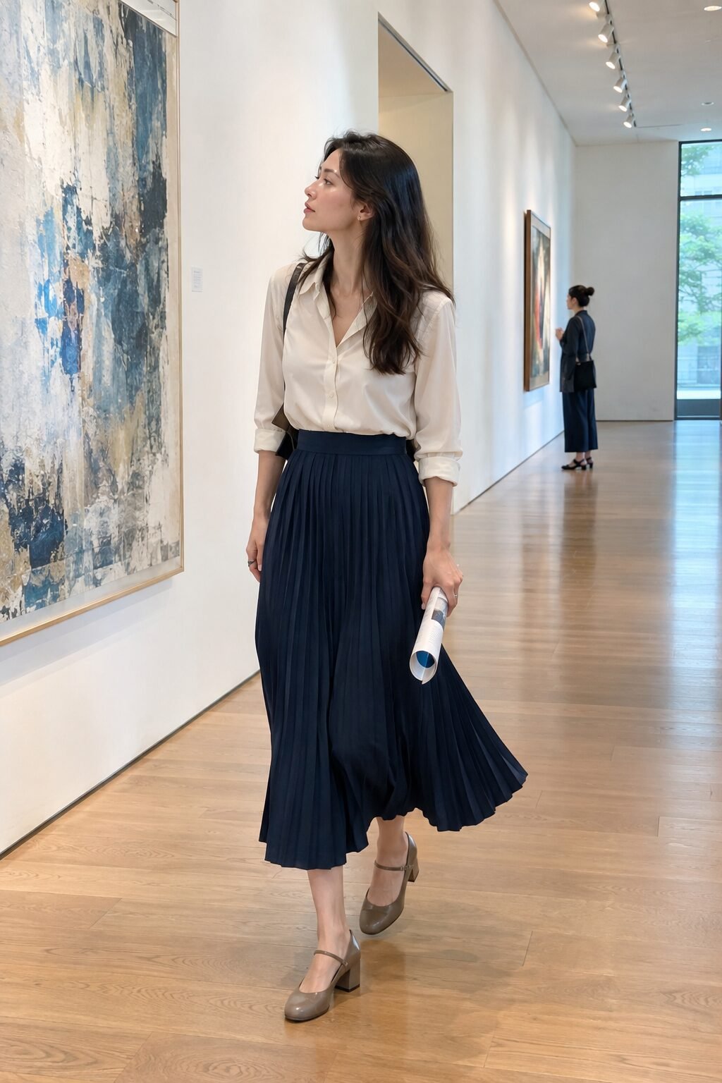 comfortable elegant heels for a gallery opening: cushioned Mary Jane heels with a navy pleated midi skirt and off-white silk shirt