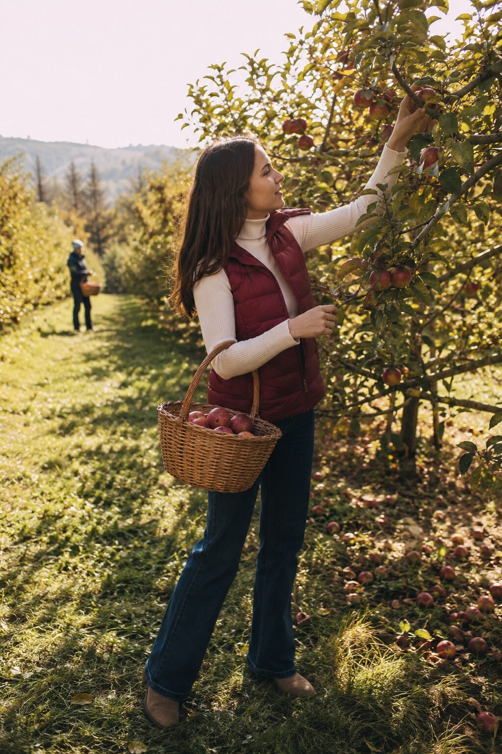 burgundy puffer vest fall outfit, quilted vest over turtleneck and straight-leg denim