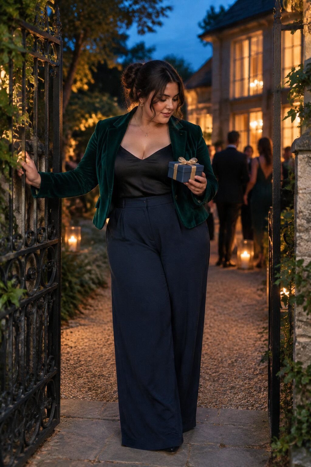 plus size fall outfit idea: black wide-leg trousers and black silk camisole styled to pair with an emerald velvet blazer