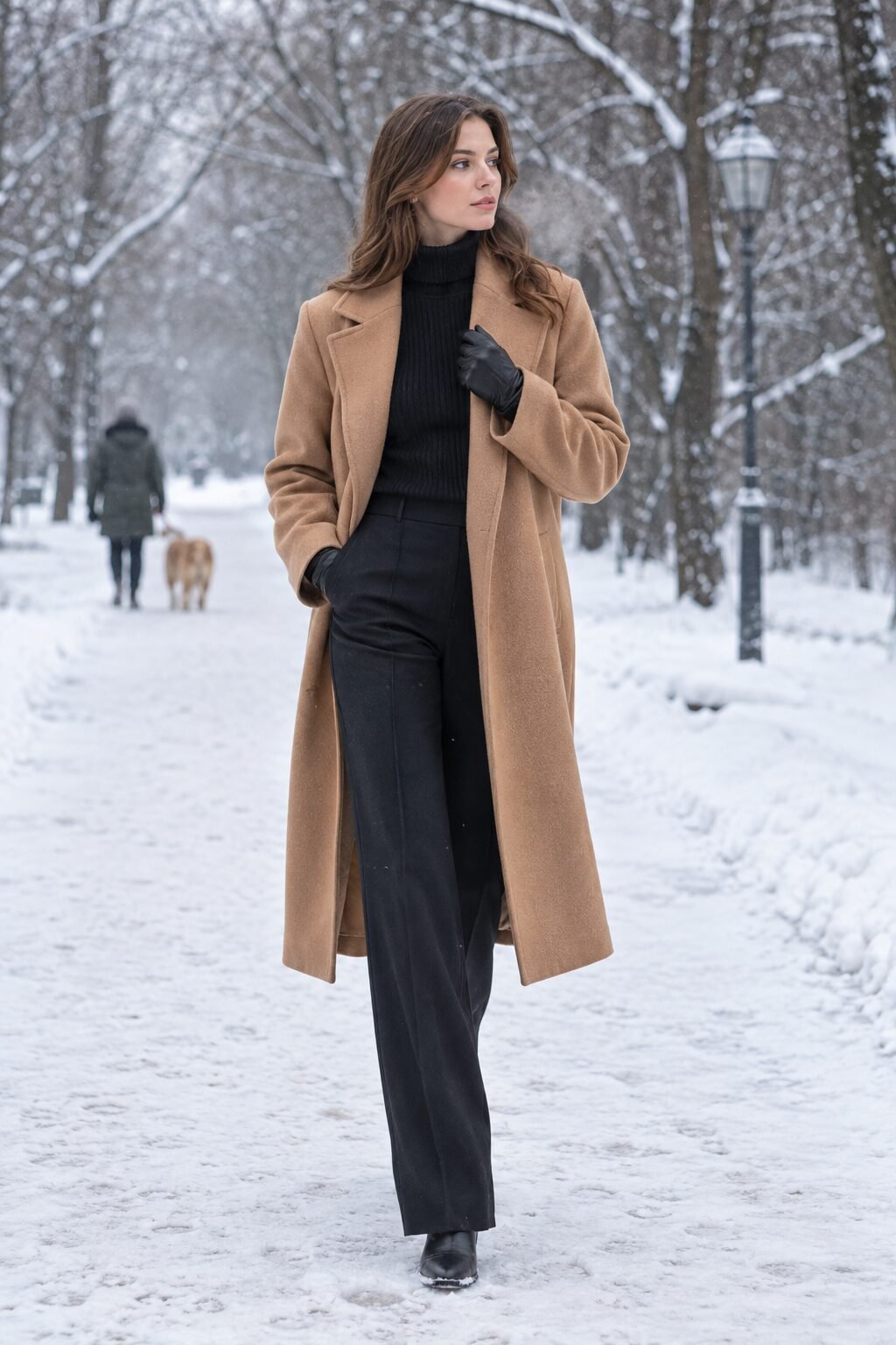 carolyn bessette style winter outfit: camel wool coat over a black turtleneck and black straight-leg trousers