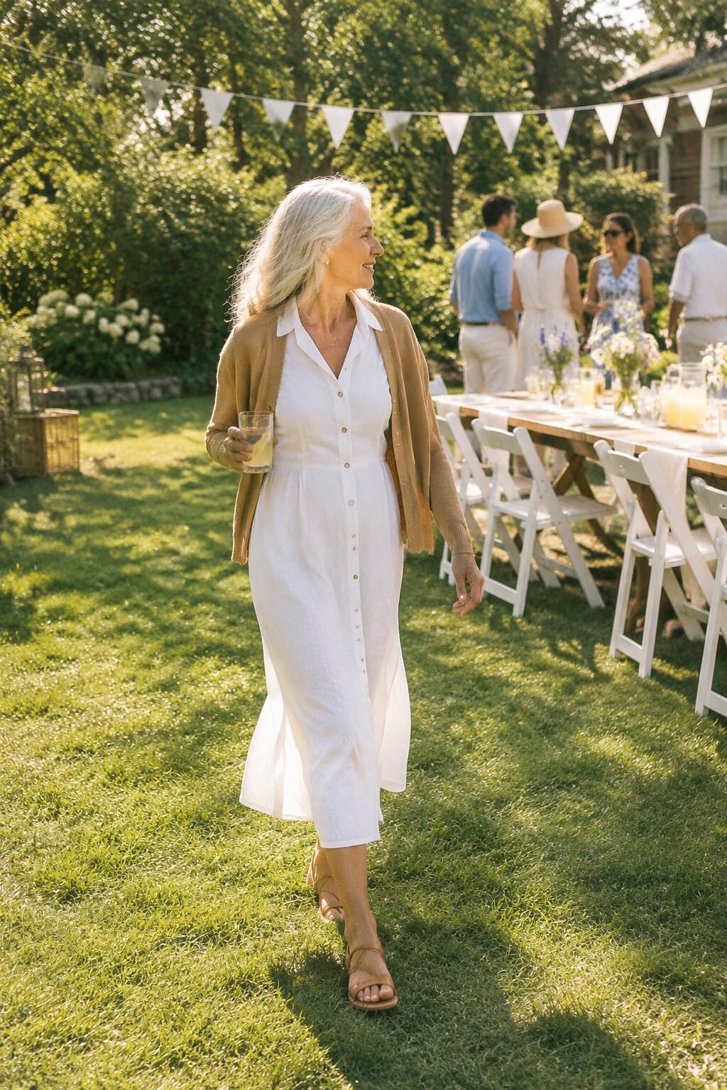 elegant outfit for women in their 70s: white linen shirtdress layered under a camel cropped cardigan
