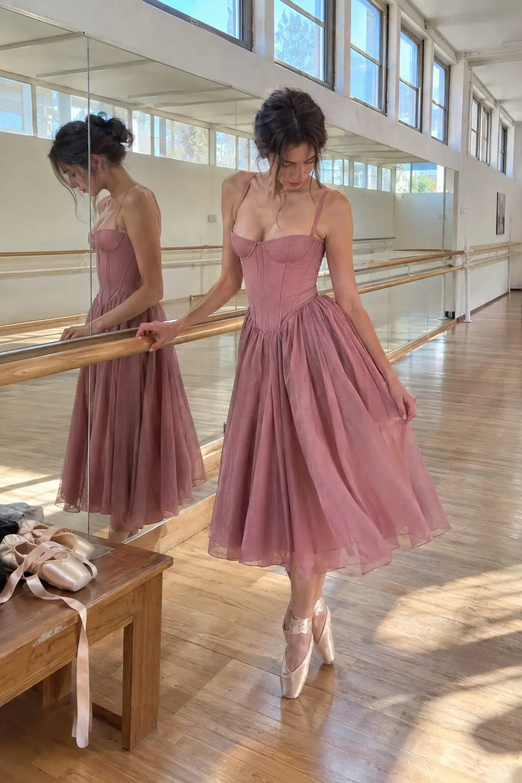 old hollywood prom dress: dusty rose ballerina bustier midi dress