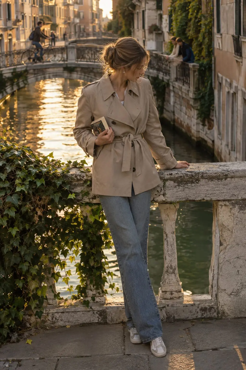 a stone Italian cotton trench coat and medium wash straight-leg jeans weekend outfit