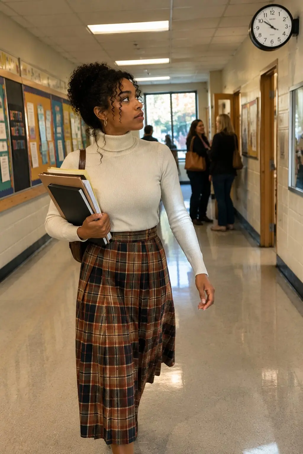 elegant outfits for running late: cream turtleneck tucked into a plaid pleated midi skirt