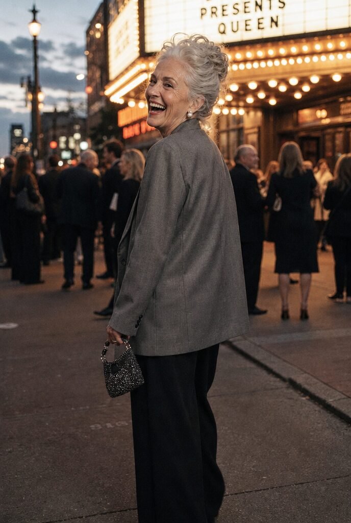 elegant fall evening outfit for women in their 70s: grey oversized blazer and black wide-leg trousers