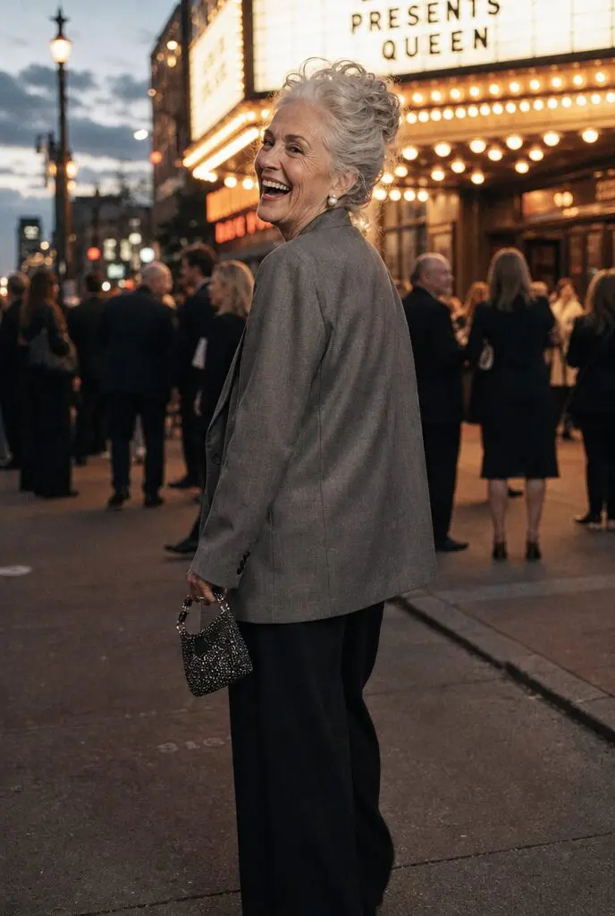elegant fall evening outfit for women in their 70s: grey oversized blazer and black wide-leg trousers