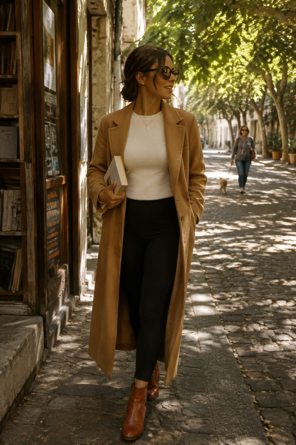 woman styling ponte leggings with a camel longline wool coat for a cold-weather outfit