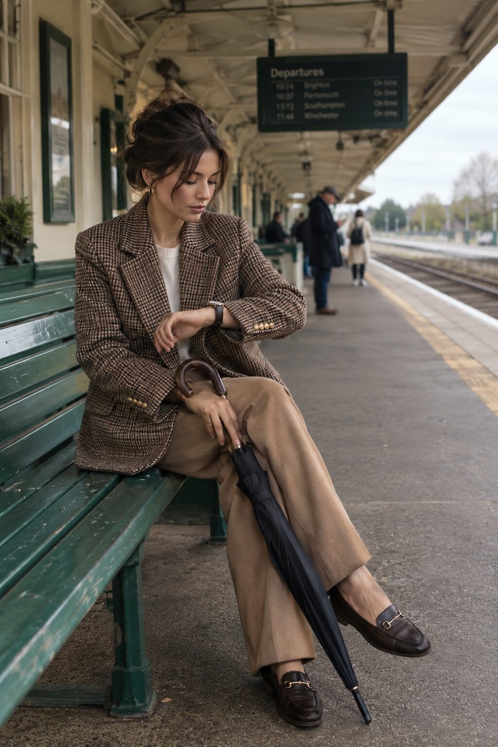 affordable fall office outfit: brown plaid blazer with camel straight trousers
