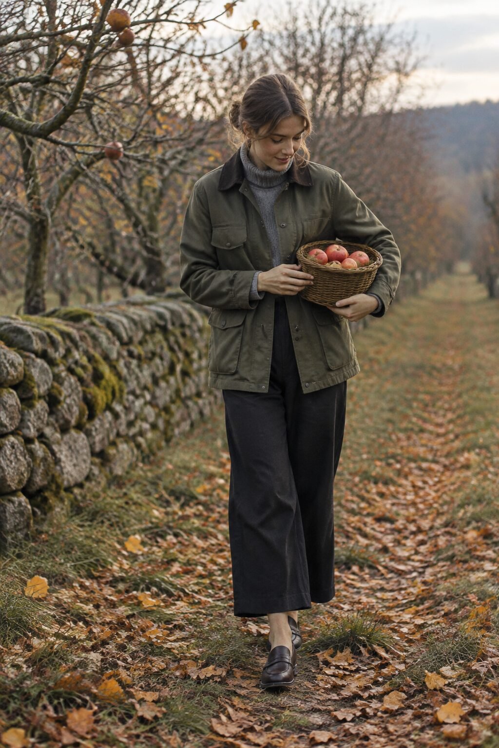 preppy spirit week outfit: olive barn jacket, grey turtleneck, and black trouser for camo day